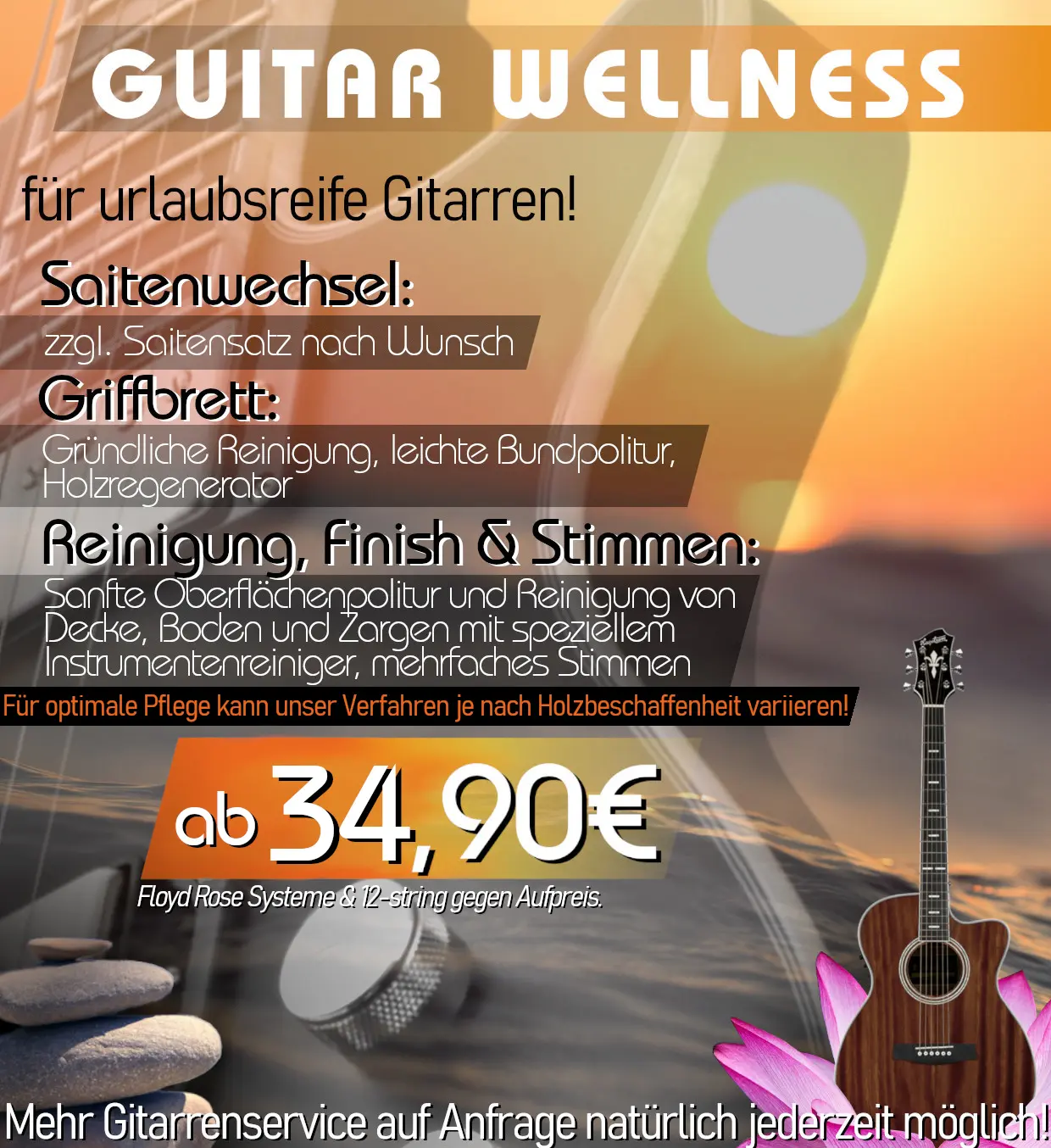 Info zum Gitarren-Wellness Angebot: ab 34,90€ Saitenwechsel, Griffbrettreinigung, Bundpolitur etc. Preis zzgl. Saitensatz nach Wahl